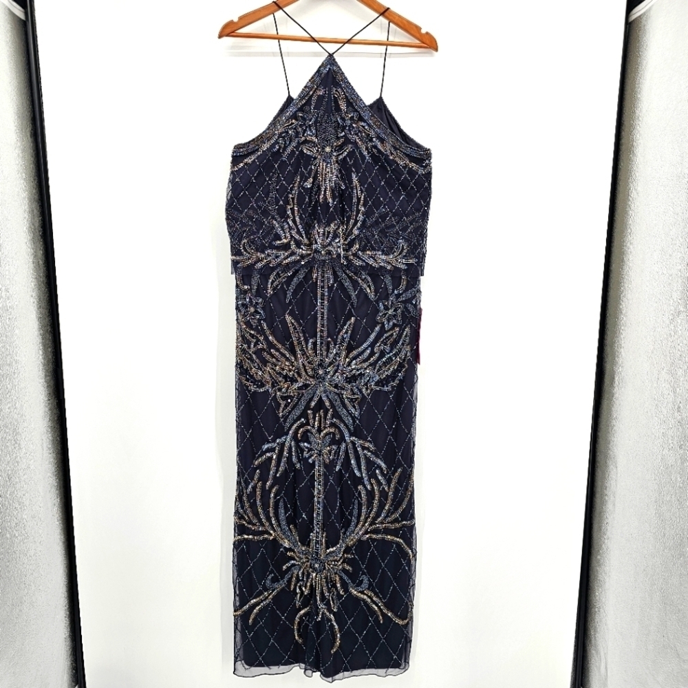 Pisarro Nights Navy Glod Silver Layered Halter Beaded Maxi Gown Womens 12 New